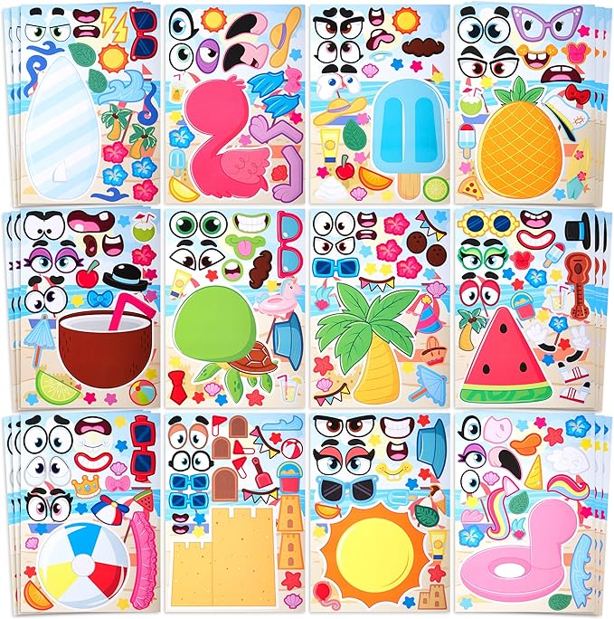 JOYIN 36 Pcs 9"x6" Summer Make a face Stickers for Kids, Make Your Own Hawaii Pool Beach Sticker Sheets, Luau Craft Party Decor, Summer Holiday Party Favors Kids Crafts, Goodie Bags Stuffers