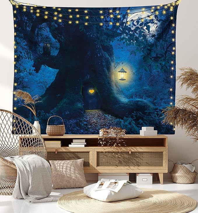Ambesonne Fantasy Tapestry King Size, Night with a Little Home in The Trunk of an Tree in The Woods Print, Wall Hanging Bedspread Bed Cover Wall Decor, King Size, Navy Blue