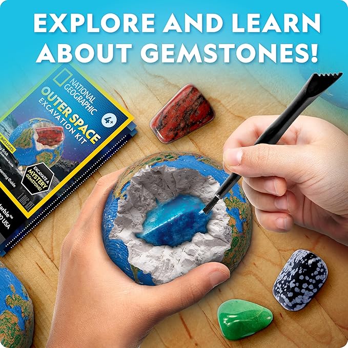National Geographic Outer Space Gemstone Dig Brick Set – 24 Dig Bricks with Real Crystals, Excavation Tools & Learning Guide, Space STEM Toys and Science Kit, Fun Classroom & Party Activity