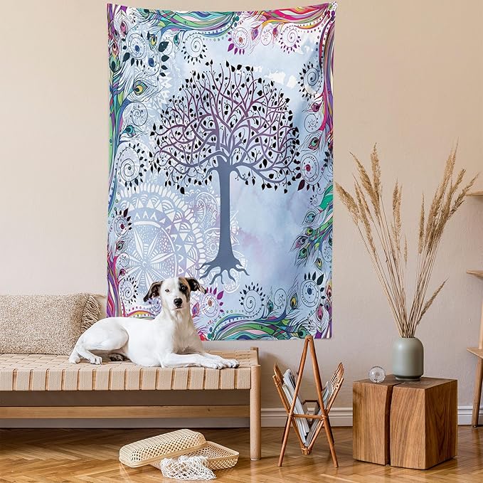 Ambesonne Nature Tapestry, Tree of Life Motif Peacock Feathers Tribal Vintage Prehistoric Flora Illustration, Wall Hanging for Bedroom Living Room Dorm Decor, 60" X 80", Blue