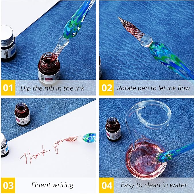 Zonon 6 Pieces Handmade Glass Dip, Crystal Glass Signature Calligraphy Vintage Dip Ink Pen Borosilicate Present Pen for Writing Drawing Decoration(Stylish Color,Bright Style)