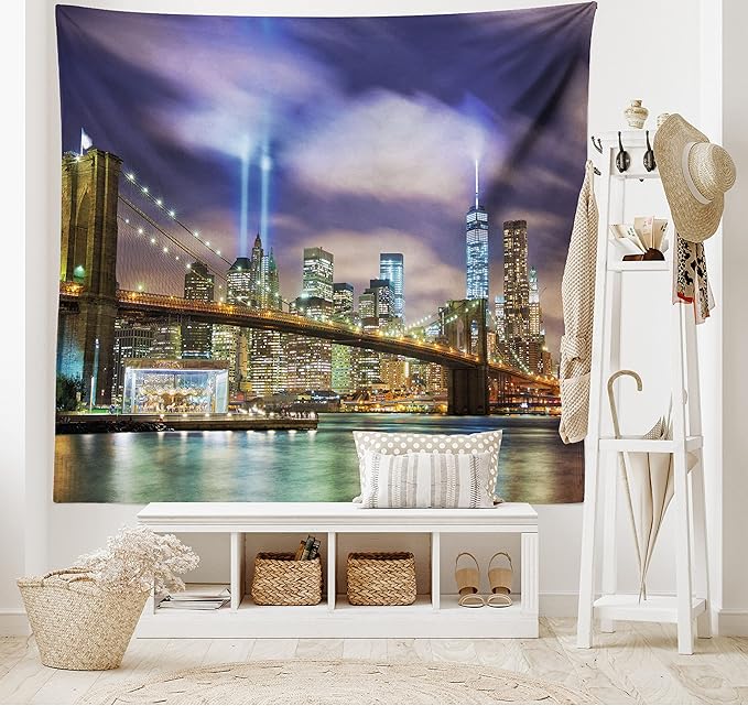 Ambesonne Landscape Tapestry, Manhattan Skyline with Brooklyn Bridge and Towers in NYC United States America, Wide Wall Hanging for Bedroom Living Room Dorm, 80" X 60", Purple Green