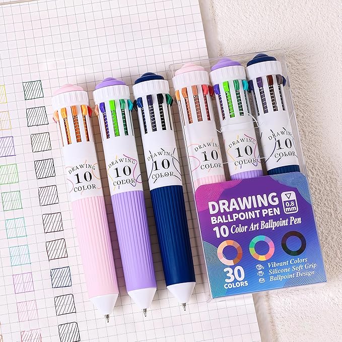 Multicolor Ballpoint Pen 0.8 mm, 10-in-1 Colored Pens Fine Point,Retractable Adult Coloring Books, Bible, Drawing, Note Taking, Art, Journaling Supplies(Skin tone + candy colors + multicolored black)