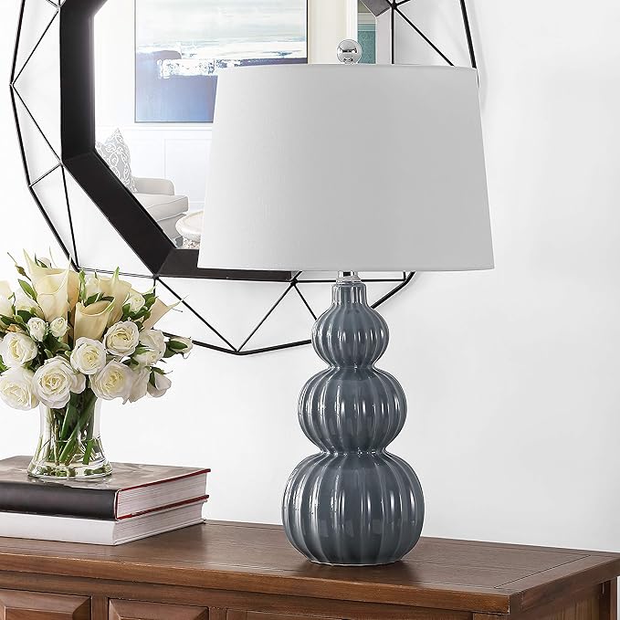 Safavieh Lighting Collection Corina Grey Triple Gourd Ceramic 26-inch Bedroom Living Room Home Office Desk Nightstand Table Lamp (LED Bulb Included)