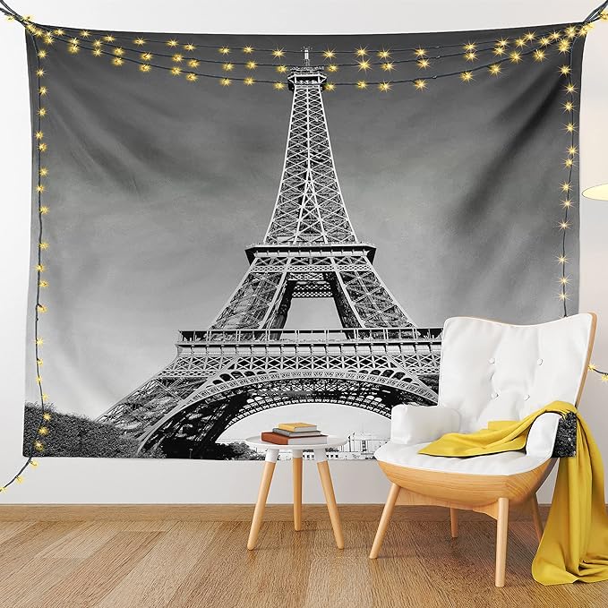 Ambesonne Eiffel Tower Tapestry, Paris Landmark Monochrome Picture of Cityscape European Urban Famous Place Image, Fabric Wall Hanging Decor for Bedroom Living Room Dorm, 23" X 28", Grey