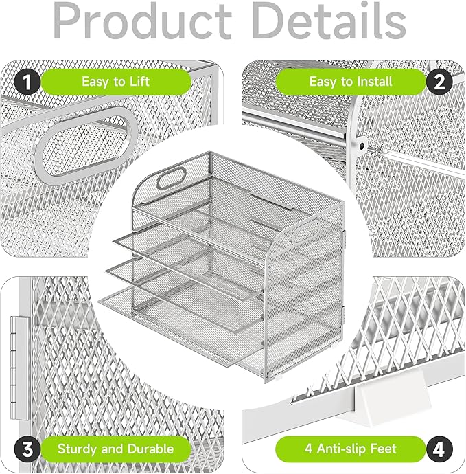 5 Tier Paper Organizer with Handle, Silver Metal Mesh Desk Organizer File Folder Paper Letter Tray Desktop Document Sorter for Classroom, School, Office Accessories Organization and Storage