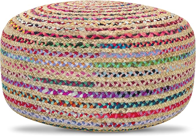 SIMPLIHOME Margo Large Round Pouf - 30 inch Wide Handwoven Jute and Cotton Braided Ottoman in Multi-Color, Boho Footstool or Extra Seating for Living Room or Bedroom with Swirl Pattern, Assembled