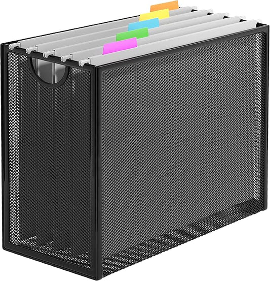 Hanging File Organizer, Letter-Size File Holder Filing Box with 5 Hanging Folders, Metal Mesh Desk File Folder Storage(No Assembly Required) (with 5 Grey Folders)