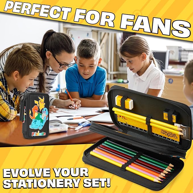 Pokemon Pencil Case for Boys Girls Pikachu Stationery Set with Colored Pencils Sharpener Ruler Eraser Notepad School Supplies Anime Gifts for Kids (Black/Multi)