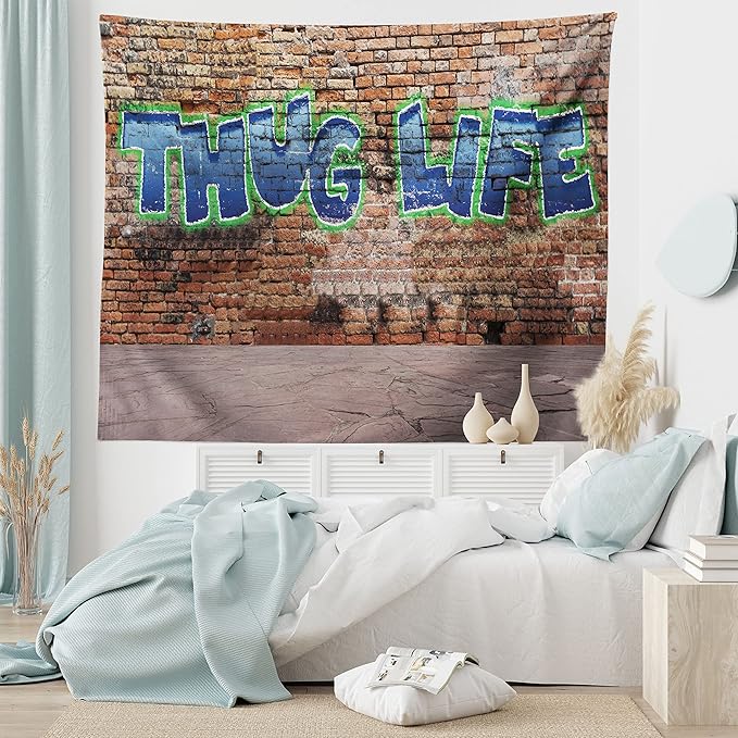Ambesonne Thug Life Tapestry, Graffiti Style Words on a Brick Wall Street Urban Art Hip Hop Rap Culture Theme, Fabric Wall Hanging Decor for Bedroom Living Room Dorm, 45" X 30", Brown Blue
