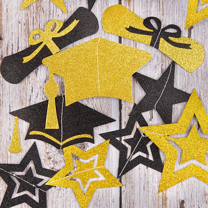 8 Pack 2026 Graduation Party Decorations - Black Gold Glitter Backdrop with Cap, Diploma & Star Garland Banner Hanging Decor - Perfect for High School, College, and Middle School Graduation Parties