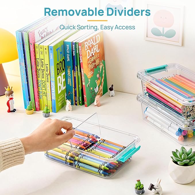Vtopmart 12 Pack 1.5 Qt Clear Pencil Box, Plastic Pencil Holder with Removable Divider for Pen Organizer, Stackable Containers with Lid for Pen, Art Craft, Sticker, Scrapbook & Office Supplies