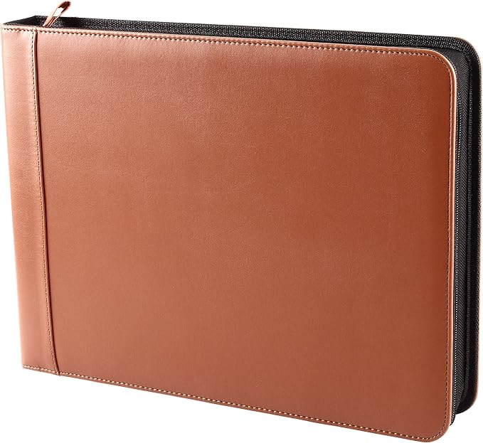 2Fold Zippered Business Checkbook Binder - 7 Ring Binder for Business Checks with Built-in Organizer and Card Case - PU Leather Portfolio for up to 600 3-Up Checks (Light Brown)