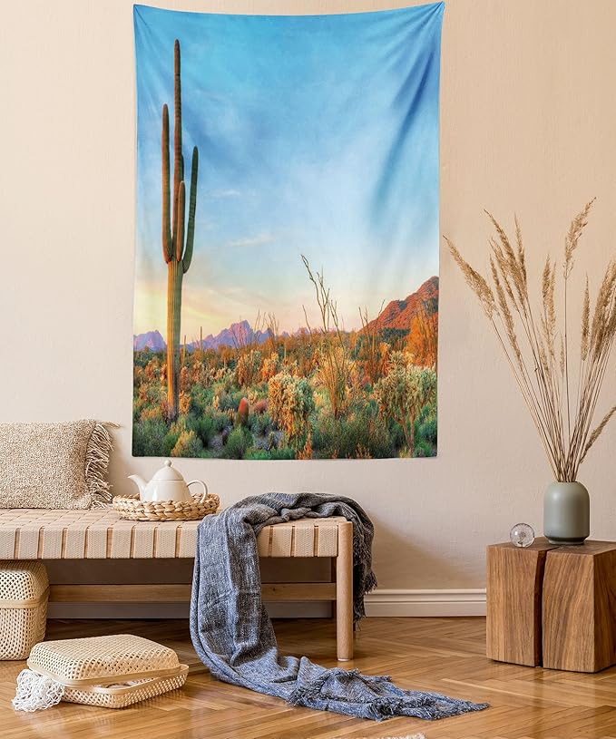Ambesonne Saguaro Tapestry, Sun Goes down in Desert Prickly Pear Cactus Southwest Texas National Park, Fabric Wall Hanging Decor for Bedroom Living Room Dorm, 30" X 45", Orange and Blue