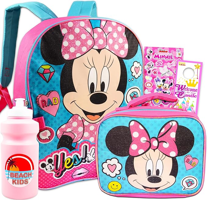 Disney Minnie Mouse Backpack with Lunch Box for Girls 5 Pc Bundle ~ Deluxe 16" Minnie Bag, Insulated Lunch Bag, Stickers, and More (Minnie Mouse School Supplies) (Minnie Mouse Blue)