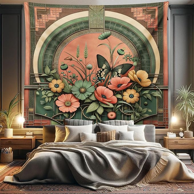 Ambesonne Boho Tapestry King Size, Traditional Japanese Ornaments with Floral Balcony with Butterfly Spring, Wall Hanging Bedspread Bed Cover Wall Decor, 104" X 88", Dark Salmon Laurel Green