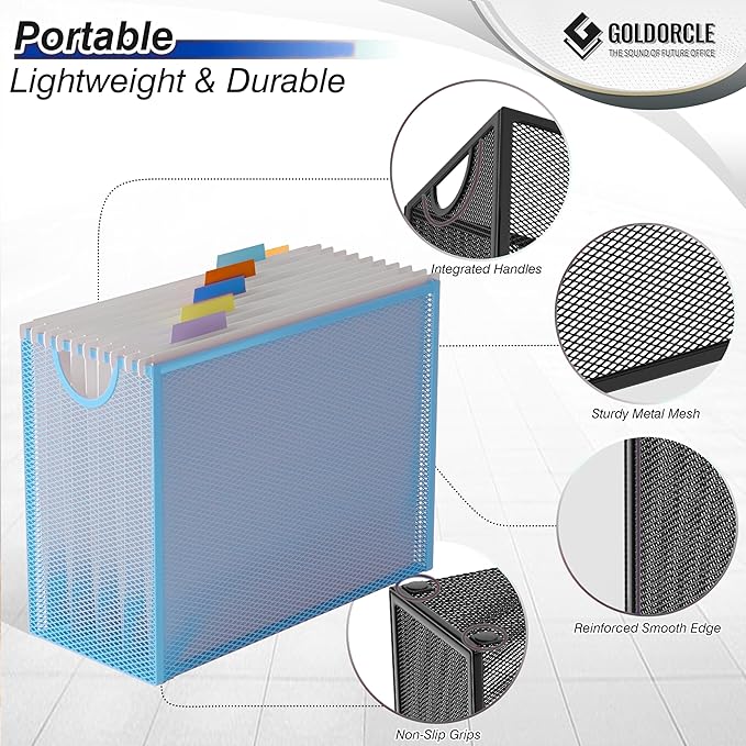 Hanging File Organizer, Letter-Size File Holder Filing Box with 5 Hanging Folders, Metal Mesh Desk File Folder Storage(No Assembly Required) (Blue, with 5 Grey Folders)