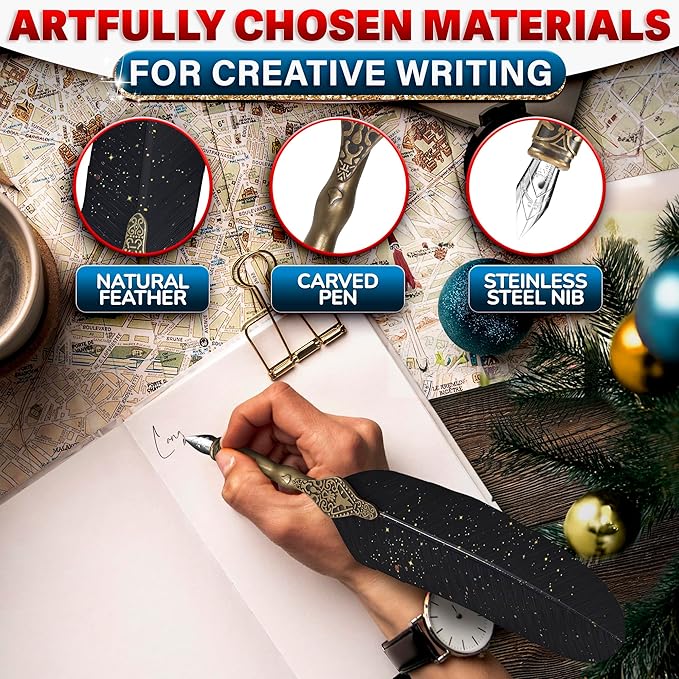 Vintage Feather Quill Pen and Ink Set – Black Feather Pen and Ink Set with Stainless Steel Nib & Stand for Calligraphy Beginners, Authors & Writers – Unique Gift & Vintage Decor for Home & Office