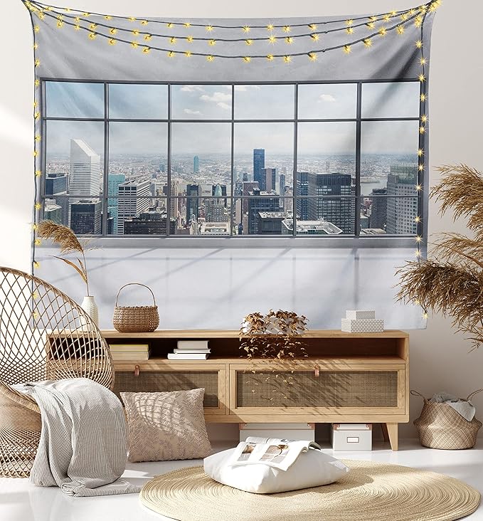 Ambesonne City Tapestry, Clean Office with Big Window Downtown Skyscraper Buildings Domestic Cityscape Art, Fabric Wall Hanging Decor for Bedroom Living Room Dorm, 30" X 45", Grey White
