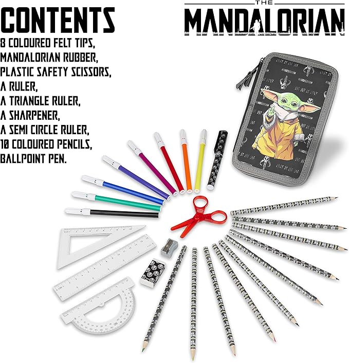 Disney Star Wars Pencil Case with Stationery Set for Boys Girls School Supplies with Zipper Compartments The Mandalorian Back to School Gifts for Kids