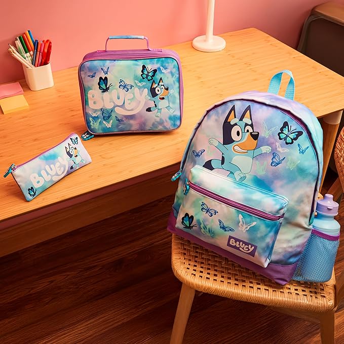 Bluey Backpack Set 4 Pcs with Water Bottle Pencil Case Modern Lunch Bag or Sports Gym Drawstring Bag Gifts for Kids Butterfly