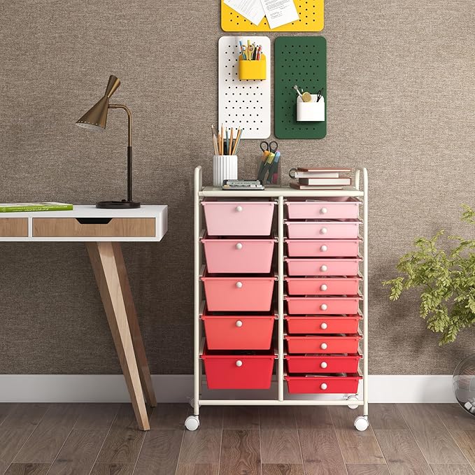 COSTWAY 15 Drawer Rolling Storage Cart, Mobile Utility Cart with Lockable Wheels, Drawers, Multipurpose Organizer Cart for Home, Office, School, Gradient Pink