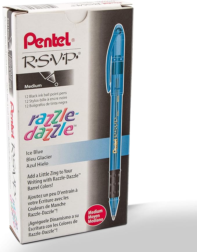 Pentel RSVP Razzle-Dazzle Ballpoint Pen, (1.0mm) Medium Line, Blue Barrel, Black Ink, Box of 12 (BK91RDC-A)