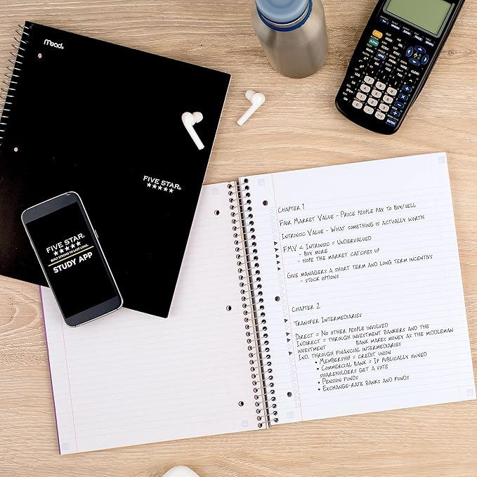 Five Star Spiral Notebooks Plus Study App, 2 Pack, 5 Subject, College Ruled Paper, 11" x 8-1/2", 200 Sheets, Black & White (73035)
