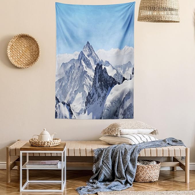 Ambesonne Winter Tapestry, Snowy Rocky Mountain Peaks Tops Scene High Lands ICY Frozen Swiss Outdoor Art, Wall Hanging for Bedroom Living Room Dorm Decor, 40" X 60", Blue and White