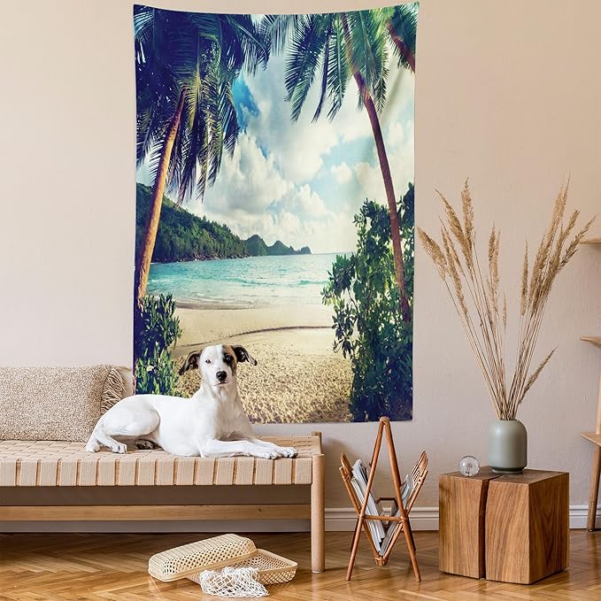 Ambesonne Palm Tree Tapestry, Summer Beach Vintage Style Tropical Sunset Picture Print, Fabric Wall Hanging Decor for Bedroom Living Room Dorm, 30" X 45", Dark Green Sand Brown