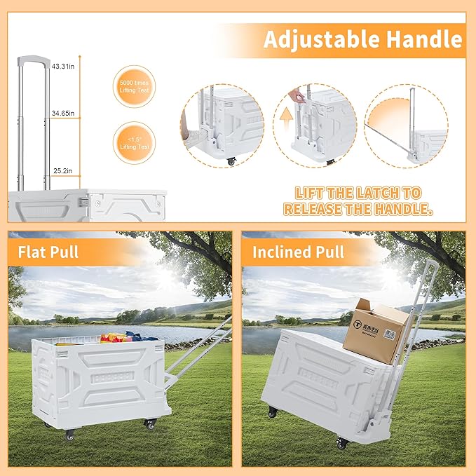 VECELO Foldable Shopping Cart with Wheels, Collapsible Rolling Crate for Groceries, Folding Storage Box with Handle, Three Modes of Use, Ideal for Teacher, Trip, Outdoors, Etc., 16GAL, White