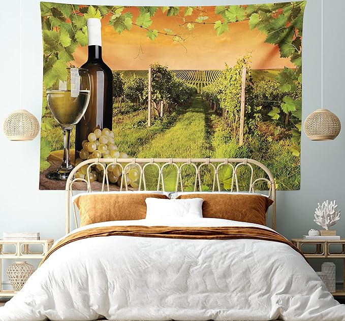 Ambesonne Winery Tapestry, Bottle and Glass of Wine and Vineyards of Sunset Countryside Romantic Evening View, Fabric Wall Hanging Decor for Bedroom Living Room Dorm, 23" X 28", Orange Green
