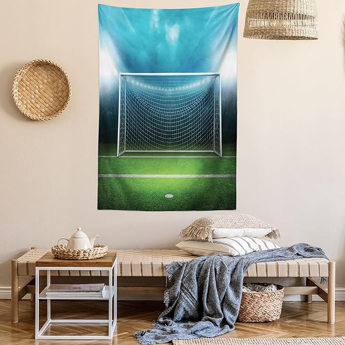 Ambesonne Soccer Tapestry Twin Size, Soccer Goal Post Sports Area Winner Loser Line Floodlit Best Team Finals Game Theme, Wall Hanging Bedspread Bed Cover Wall Decor, Twin Size, Green and Blue