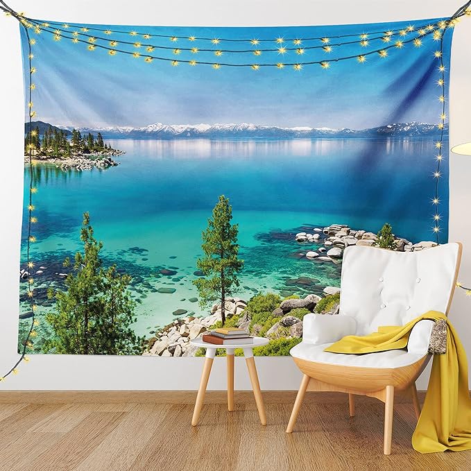 Ambesonne Blue Tapestry Queen Size, Tranquil View of Lake Tahoe Sierra Pines on Rocks with Turquoise Waters Shoreline, Wall Hanging Bedspread Bed Cover Wall Decor, 88" X 88", Blue Grey Green