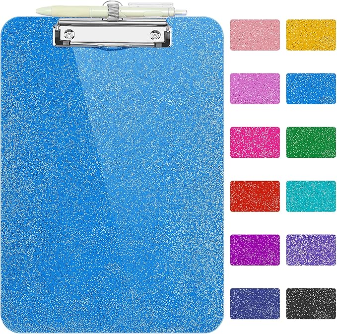 SFLHHDM Clear Glitter Clipboards, Plastic Clipboard with Pen Holder, Clip Boards 8.5x11 with Low Profile Clip, Cute Hanging Clip Board for Office School Supplies Sparkly Clipboard (Royal Blue)