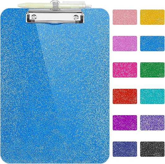 SFLHHDM Clear Glitter Clipboards, Plastic Clipboard with Pen Holder, Clip Boards 8.5x11 with Low Profile Clip, Cute Hanging Clip Board for Office School Supplies Sparkly Clipboard (Royal Blue)