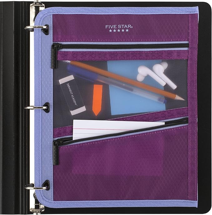 Five Star Pencil Pouch, Pen Case, 3-Pocket Zipper Pouch, Fits 3-Ring Binder, Storage Organizer for Classroom Supplies Earbuds Chargers Cables Makeup, Lilac/Berry (500208F-ECM)