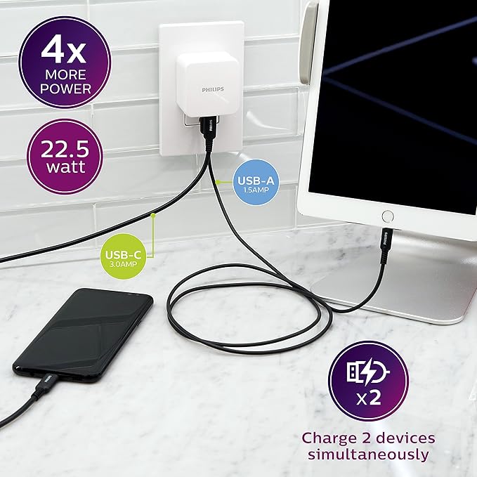Philips iPhone USB Wall Charger Block, 22.5W Charging Block with USB C and USB A for iPhone 16, 15, 14 Series, iPad, Power Adapter Cube, Foldable Plug Charging Box, White, DLP2507PTS1/27