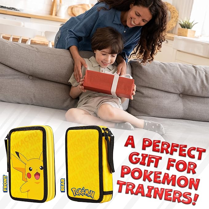 Pokemon Pencil Case for Boys Girls Pikachu Stationery Set with Colored Pencils Sharpener Ruler Eraser Notepad School Supplies Anime Gifts for Kids (Yellow)
