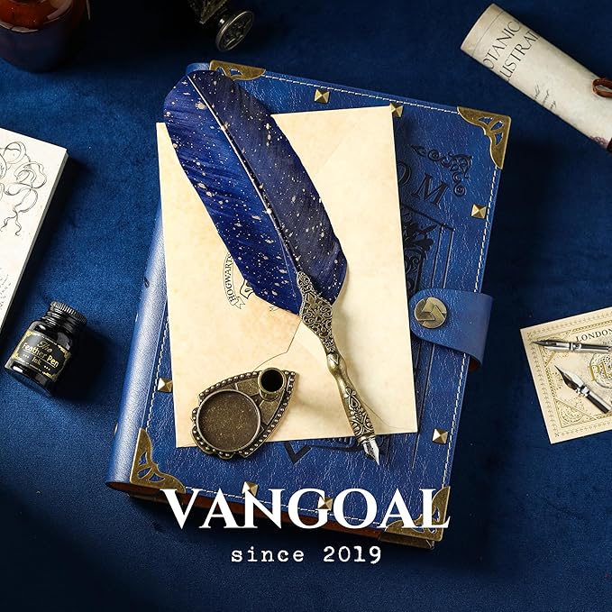 VANGOAL Vintage Carving Feather Pen Set, Glittering Quill Set Antique Calligraphy Writing Dip with Ink, 2 Replacement Nibs, Stand Base, Luxury Signature (Blue)