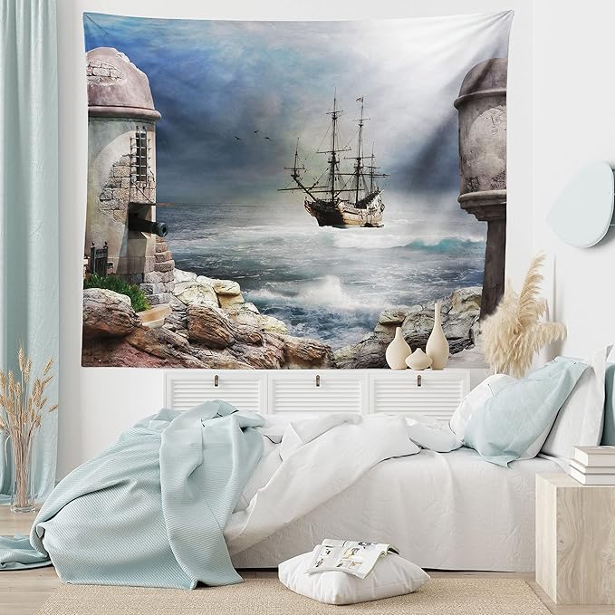 Ambesonne Sailboat Tapestry, Pirate Merchant Shipnchored in the Bay of Fortbandoned Rockst Shore, Fabric Wall Hanging Decor for Bedroom Living Room Dorm, 45" X 30", Pale Muave Beige