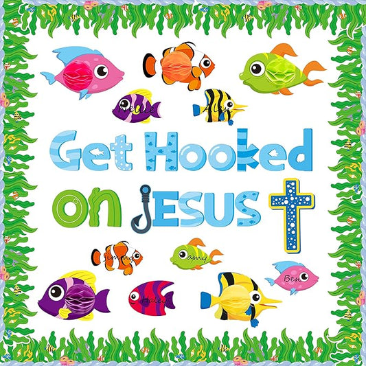 BeYumi 81Pcs Get Hooked on Jesus Christian Bulletin Board Set Under The Sea Tropical Fish Honeycomb Cutouts Name Tags Trim Borders Summer Back to School Faith Religious Classroom Sunday School Decor