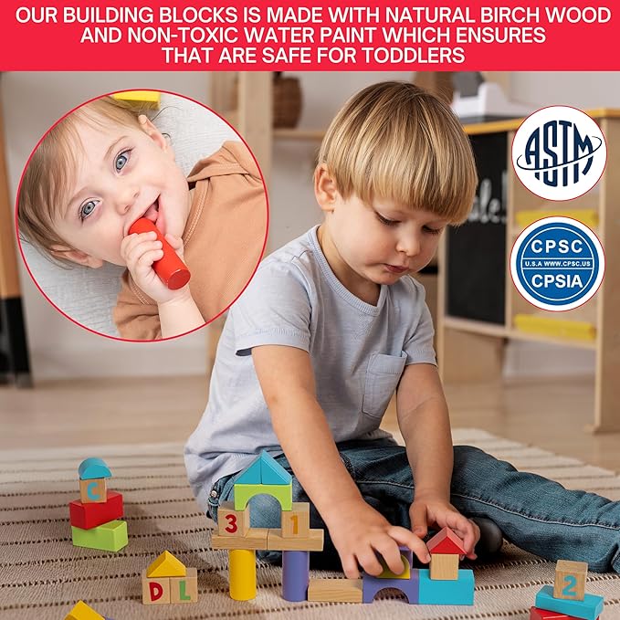 Alphabet Number Wooden Building Blocks Set -100 Blocks in 5 Water Paint Colors and 7 Shapes. Preschool Montessori Kids Baby Toys. Stacking Learning Toys for Toddlers. Age 18 Months +