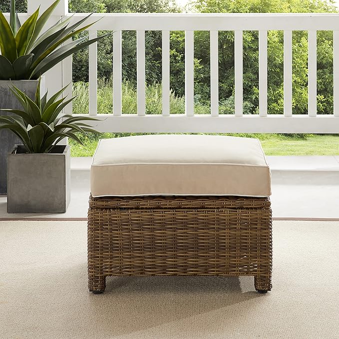 Crosley Furniture Bradenton Wicker Outdoor Ottoman Foot Rest for Patio, Deck, Porch, Brown with Sand Cushions