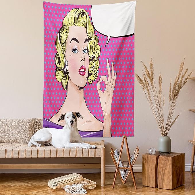 Ambesonne Vintage Tapestry Queen Size, Pop Art Blonde Woman Making OK Sign on Dotted Background Retro Comic Book Design, Wall Hanging Bedspread Bed Cover Wall Decor, 88" X 88", Pink Blue