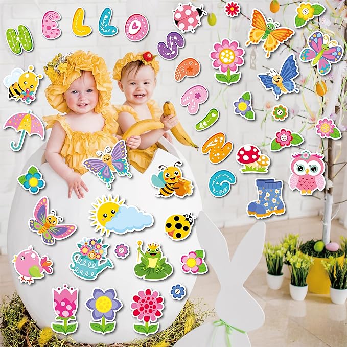 70 Pcs Hello Spring Bulletin Board Decorations - Colorful Hello Spring Cut-Outs Cute Flower Butterfly Bird Bee Bulletin Border Wall Decals for Kids DIY Craft School Classroom Decor