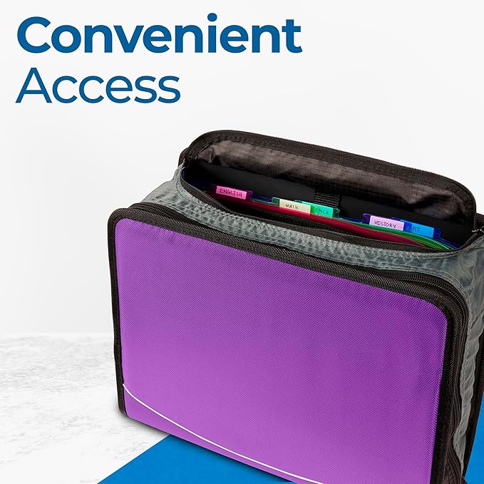 Case-it Mighty Zip Tab School Zipper Binder | 3-Inch O-Rings, 600-Sheet Capacity, 5-Subject Expanding File Folder, Multiple Pockets & Storage Organizer, Shoulder Strap | D-146 Deep Purple