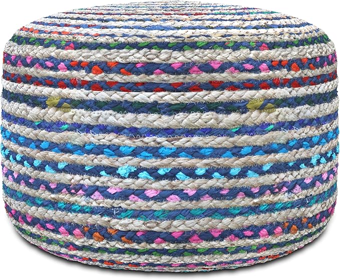 SIMPLIHOME Margo Round Pouf - 20 inch Wide Handwoven Jute and Cotton Braided Ottoman in Blue, Boho-Style Footstool or Extra Seating for Living Room or Bedroom with Polystyrene Bead Filling, Assembled