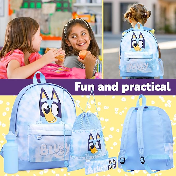 Bluey Backpack Set 4 Pcs with Water Bottle Pencil Case Modern Lunch Bag or Sports Gym Drawstring Bag Gifts for Kids Tie Dye