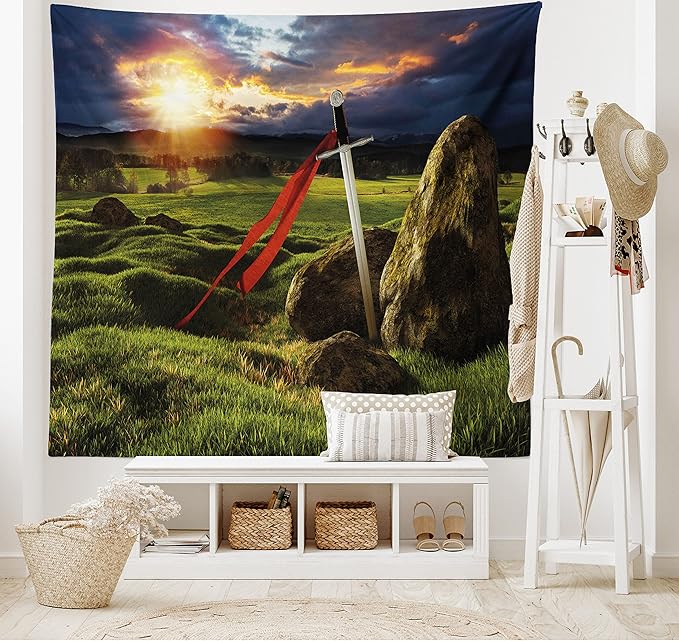 Ambesonne King Tapestry King Size, Arthur Camelot Myth in England Ireland Fields Invincible Myth Image, Wall Hanging Bedspread Bed Cover Wall Decor, 104" X 88", Green Blue Red